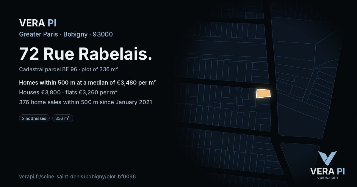 72 Rue Rabelais, Bobigny at night – the plot lit, the parcels around coloured by the prices near them