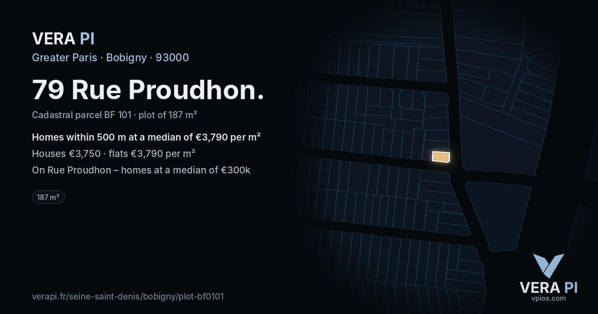 79 Rue Proudhon, Bobigny at night – the plot lit, the parcels around coloured by the prices near them
