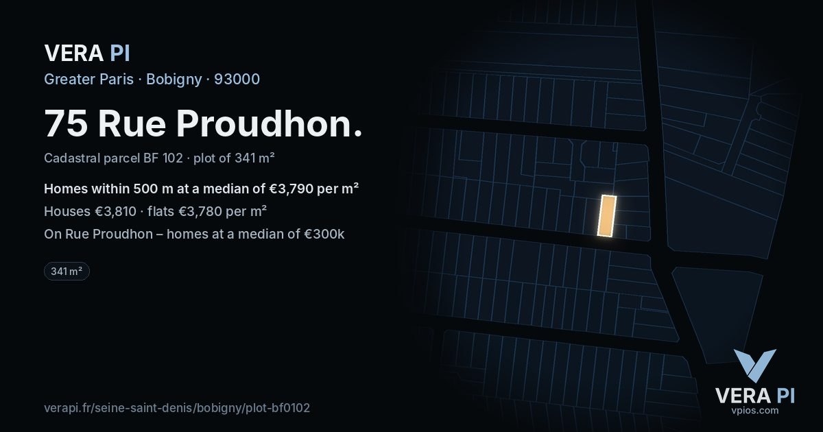 75 Rue Proudhon, Bobigny at night – the plot lit, the parcels around coloured by the prices near them