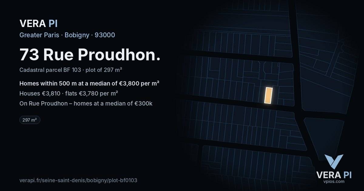 73 Rue Proudhon, Bobigny at night – the plot lit, the parcels around coloured by the prices near them
