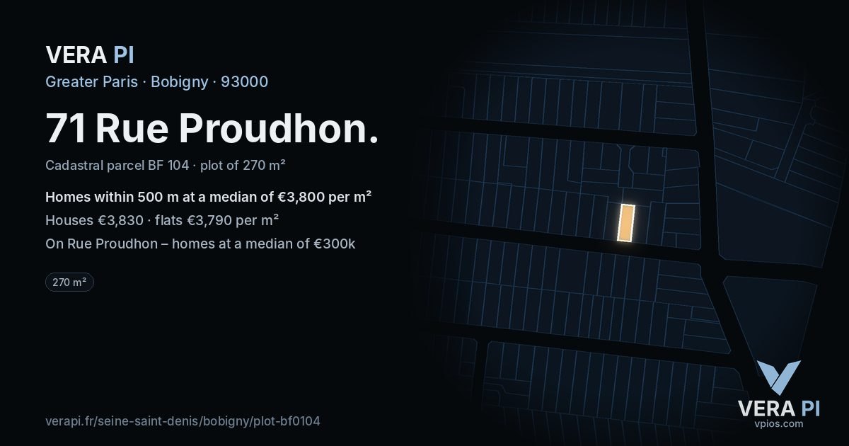 71 Rue Proudhon, Bobigny at night – the plot lit, the parcels around coloured by the prices near them