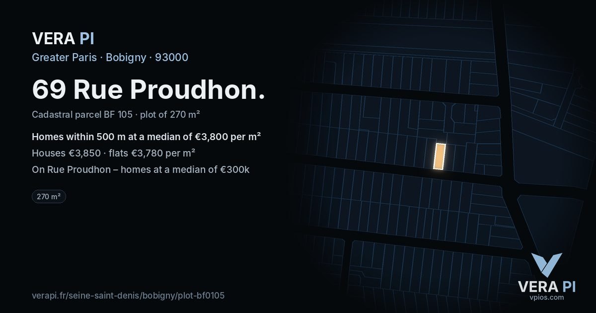69 Rue Proudhon, Bobigny at night – the plot lit, the parcels around coloured by the prices near them