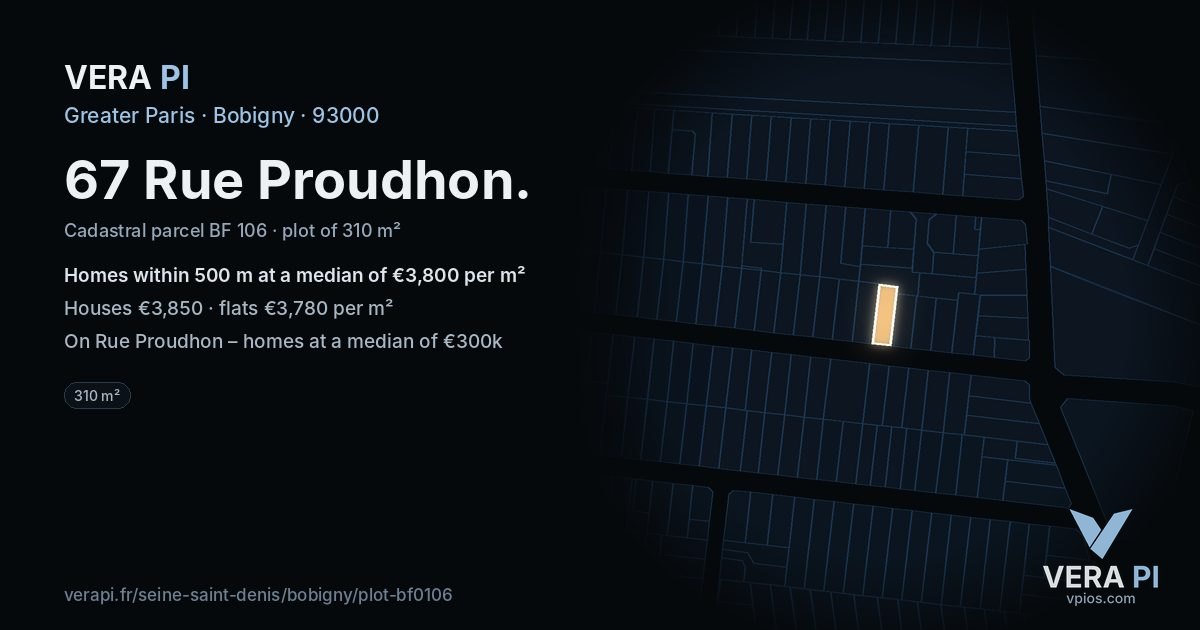 67 Rue Proudhon, Bobigny at night – the plot lit, the parcels around coloured by the prices near them