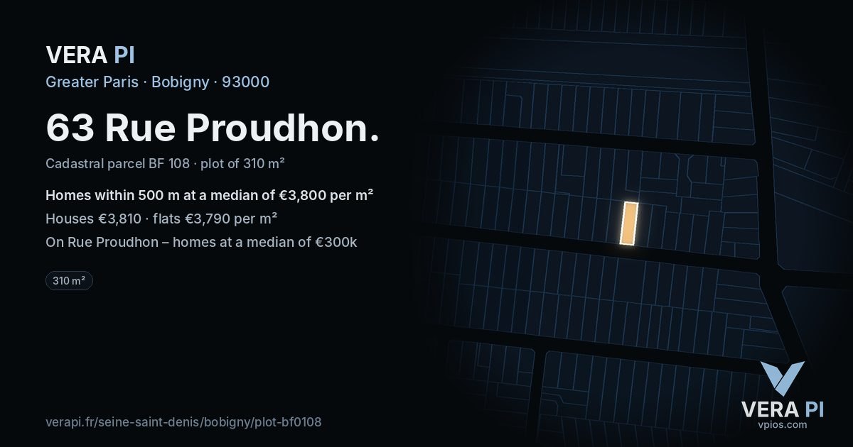 63 Rue Proudhon, Bobigny at night – the plot lit, the parcels around coloured by the prices near them