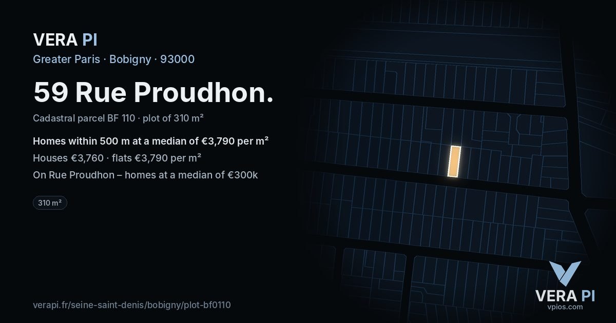 59 Rue Proudhon, Bobigny at night – the plot lit, the parcels around coloured by the prices near them