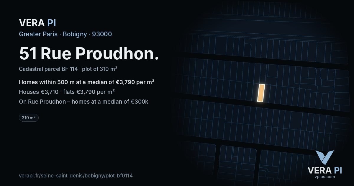 51 Rue Proudhon, Bobigny at night – the plot lit, the parcels around coloured by the prices near them