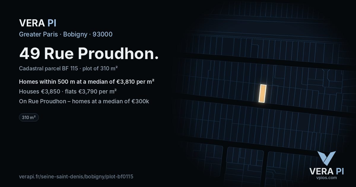49 Rue Proudhon, Bobigny at night – the plot lit, the parcels around coloured by the prices near them