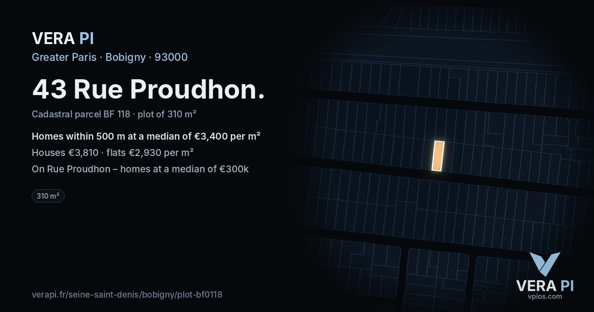 43 Rue Proudhon, Bobigny at night – the plot lit, the parcels around coloured by the prices near them