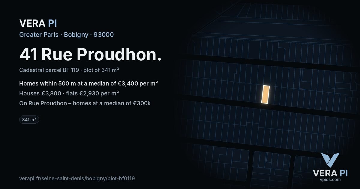 41 Rue Proudhon, Bobigny at night – the plot lit, the parcels around coloured by the prices near them