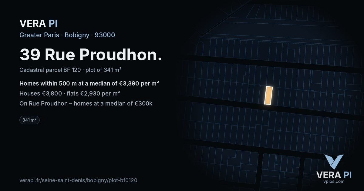 39 Rue Proudhon, Bobigny at night – the plot lit, the parcels around coloured by the prices near them