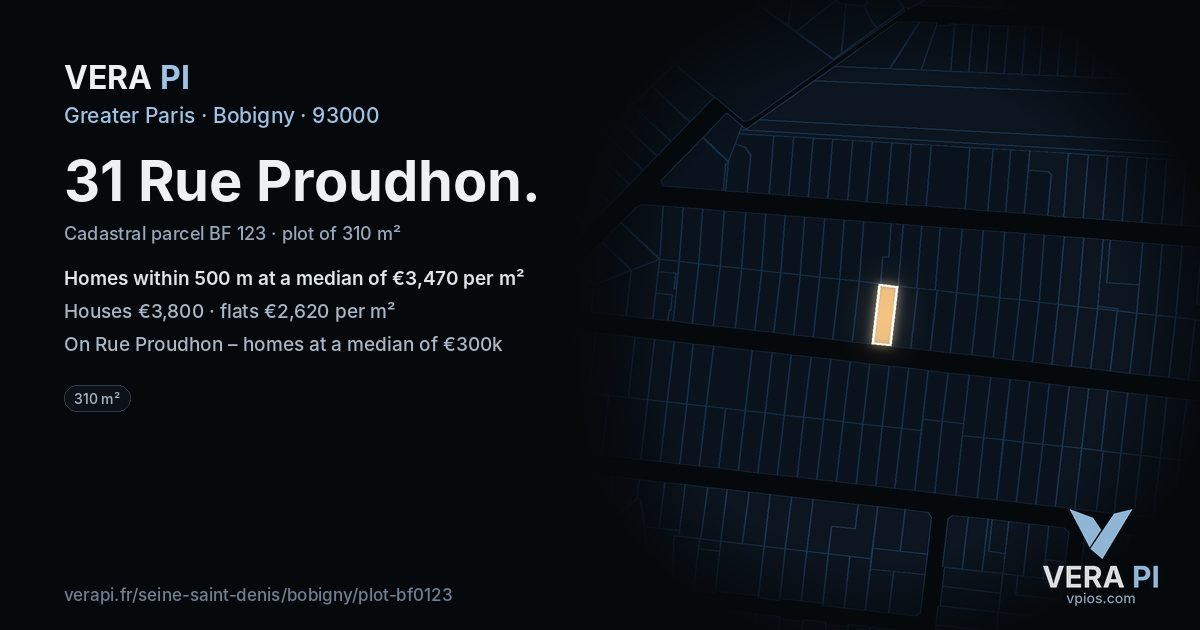 31 Rue Proudhon, Bobigny at night – the plot lit, the parcels around coloured by the prices near them