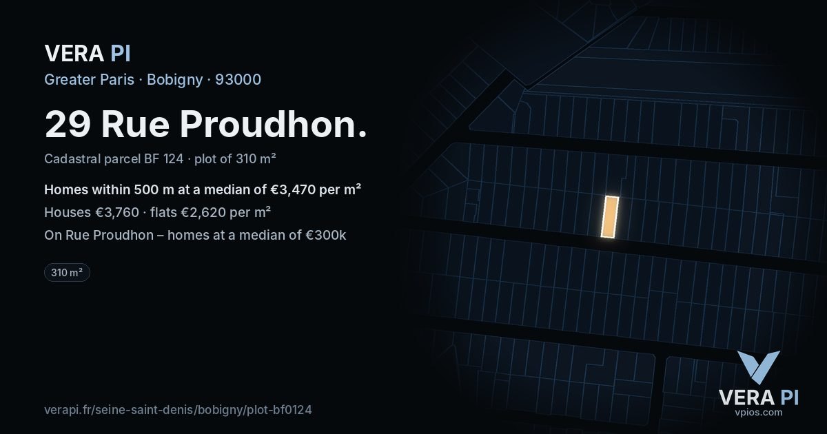 29 Rue Proudhon, Bobigny at night – the plot lit, the parcels around coloured by the prices near them