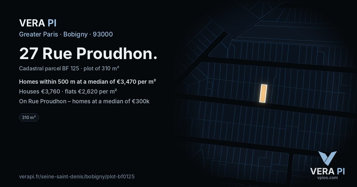 27 Rue Proudhon, Bobigny at night – the plot lit, the parcels around coloured by the prices near them