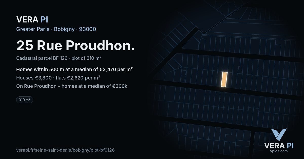 25 Rue Proudhon, Bobigny at night – the plot lit, the parcels around coloured by the prices near them