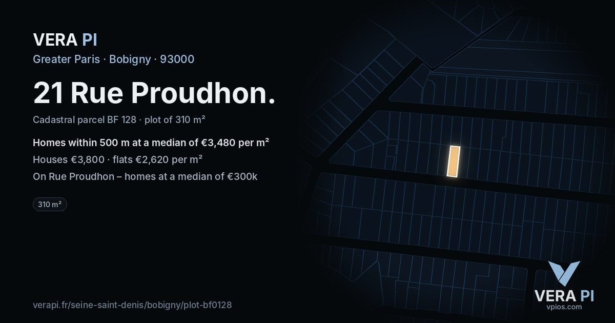 21 Rue Proudhon, Bobigny at night – the plot lit, the parcels around coloured by the prices near them