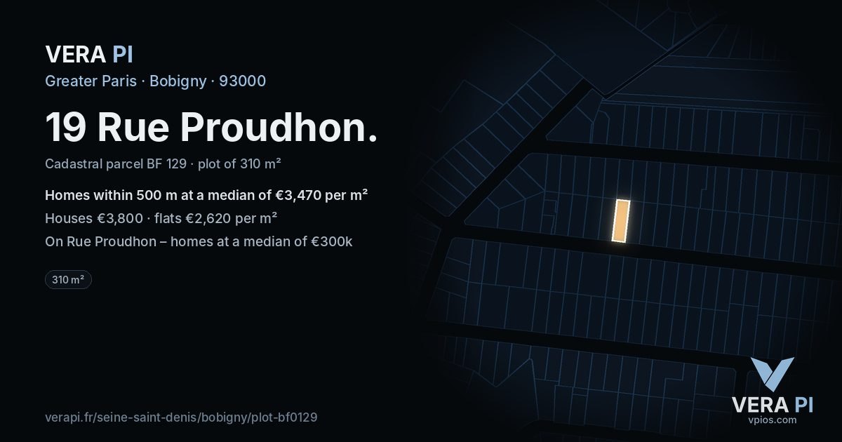 19 Rue Proudhon, Bobigny at night – the plot lit, the parcels around coloured by the prices near them