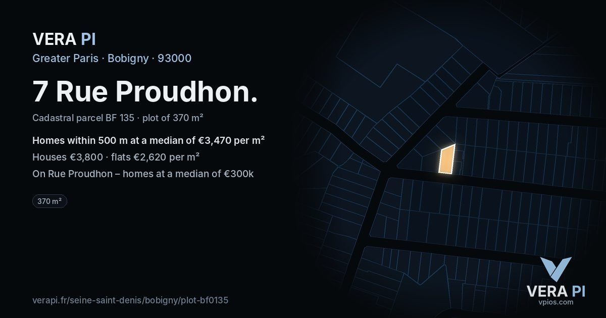 7 Rue Proudhon, Bobigny at night – the plot lit, the parcels around coloured by the prices near them