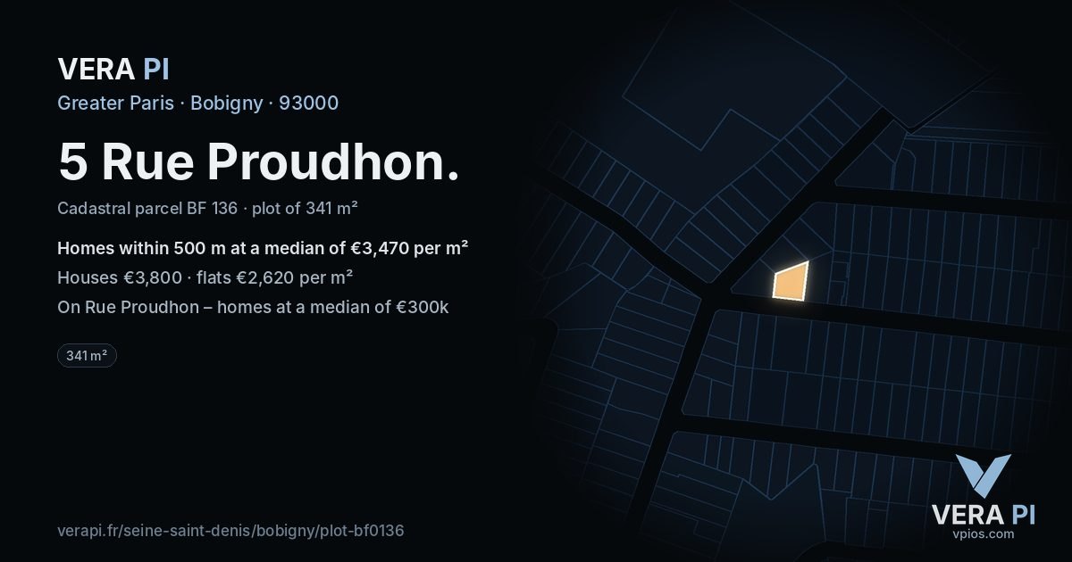 5 Rue Proudhon, Bobigny at night – the plot lit, the parcels around coloured by the prices near them