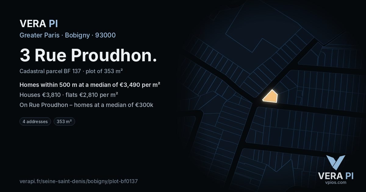 3 Rue Proudhon, Bobigny at night – the plot lit, the parcels around coloured by the prices near them