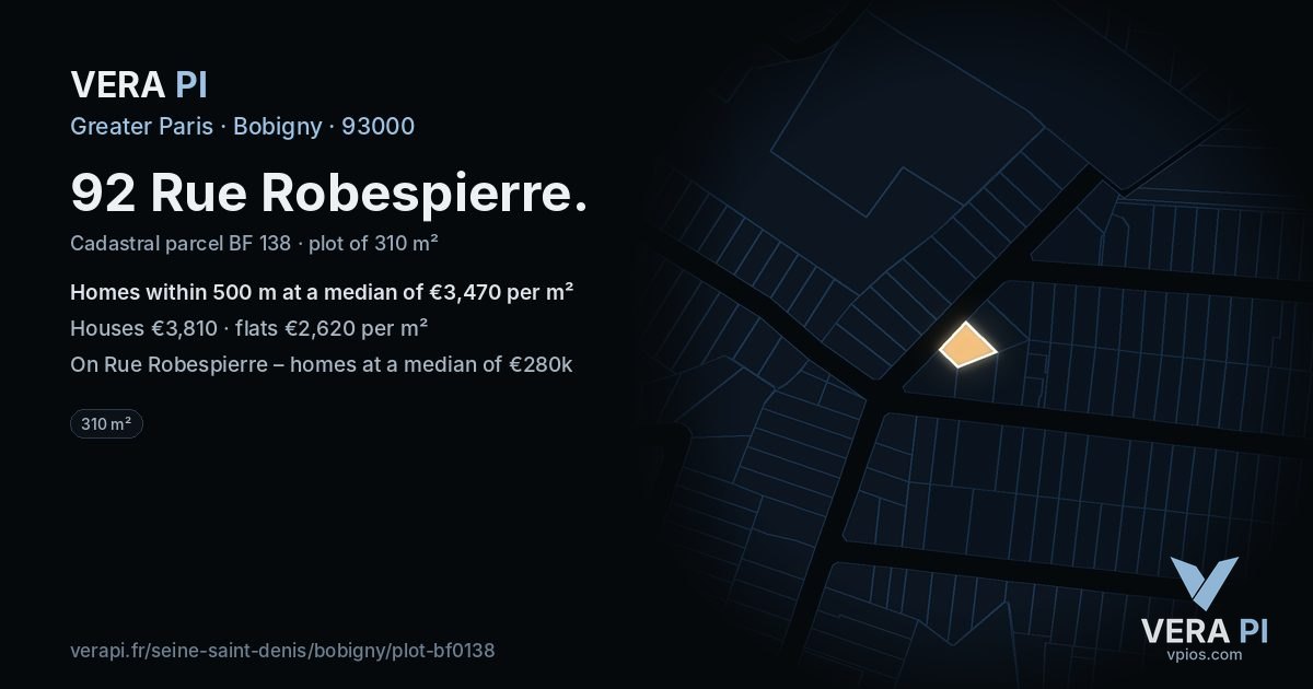 92 Rue Robespierre, Bobigny at night – the plot lit, the parcels around coloured by the prices near them