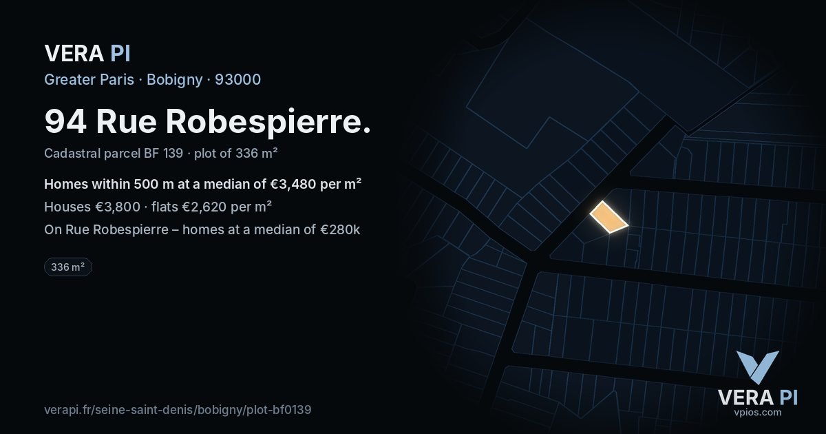 94 Rue Robespierre, Bobigny at night – the plot lit, the parcels around coloured by the prices near them