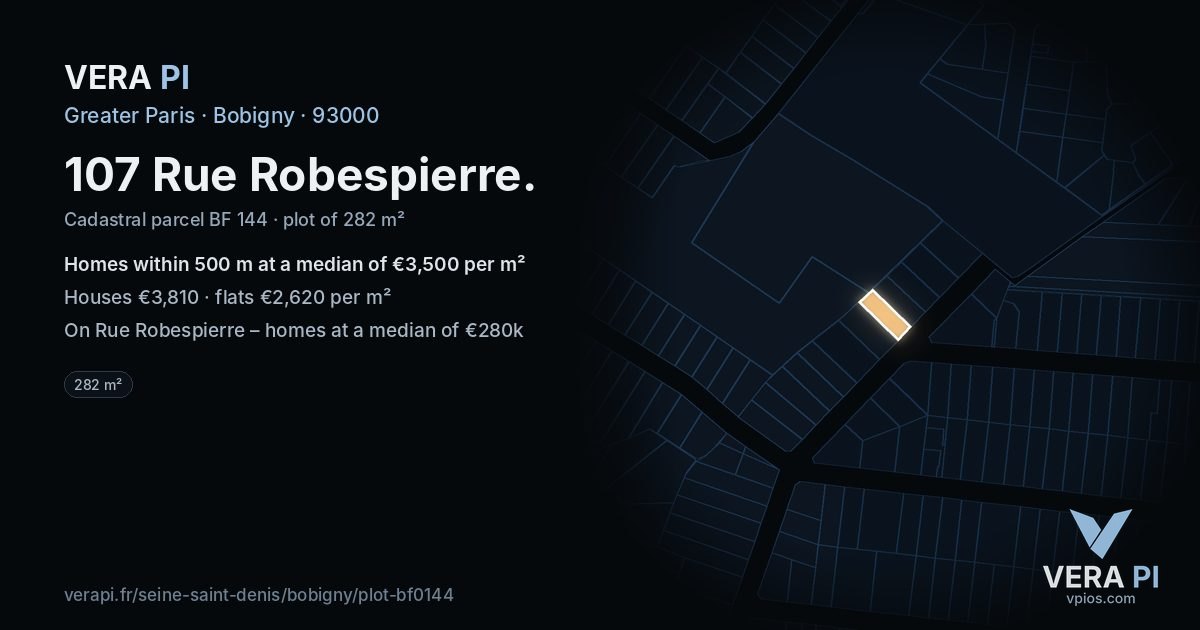 107 Rue Robespierre, Bobigny at night – the plot lit, the parcels around coloured by the prices near them