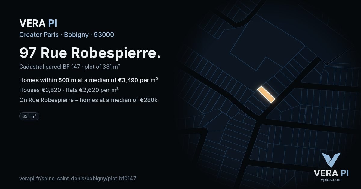 97 Rue Robespierre, Bobigny at night – the plot lit, the parcels around coloured by the prices near them