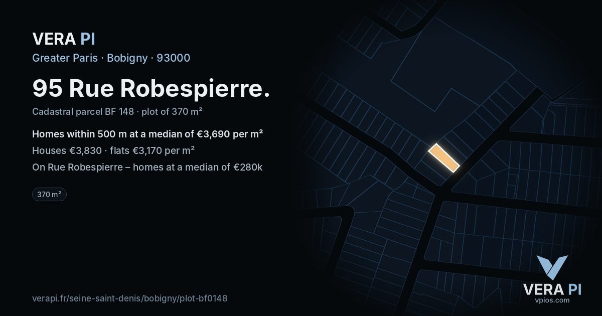 95 Rue Robespierre, Bobigny at night – the plot lit, the parcels around coloured by the prices near them