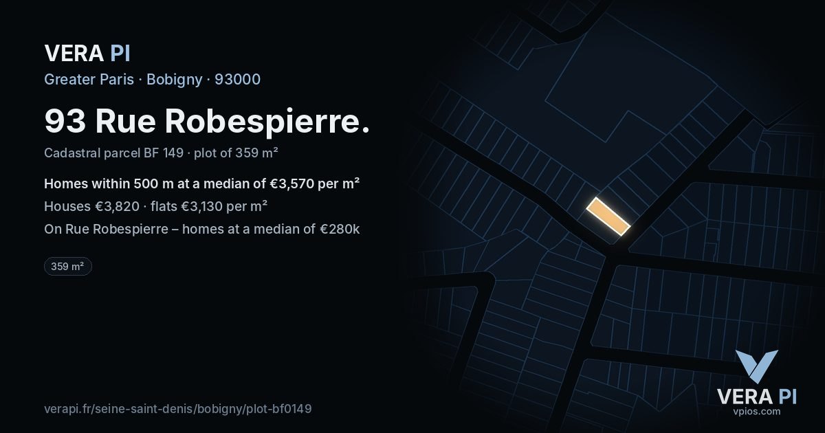 93 Rue Robespierre, Bobigny at night – the plot lit, the parcels around coloured by the prices near them