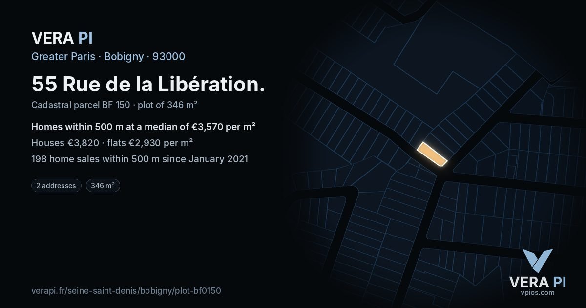 55 Rue de la Libération, Bobigny at night – the plot lit, the parcels around coloured by the prices near them