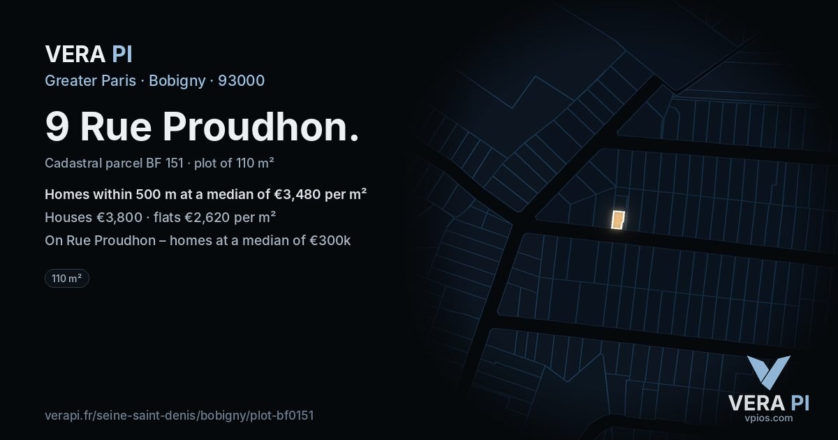 9 Rue Proudhon, Bobigny at night – the plot lit, the parcels around coloured by the prices near them