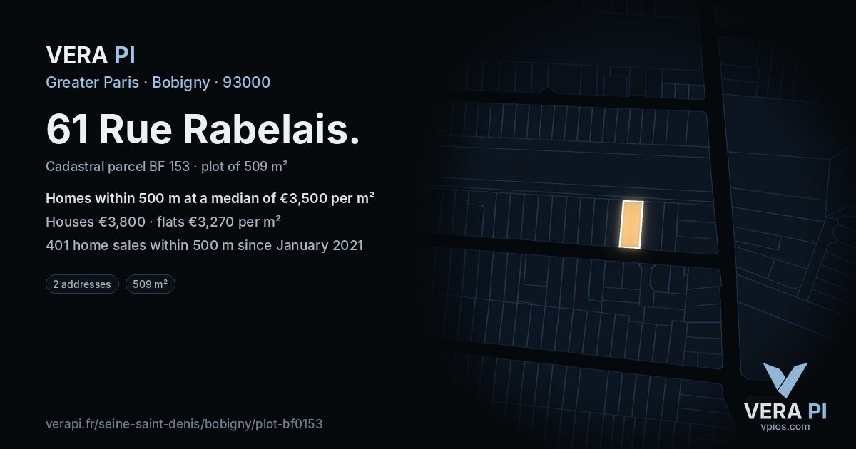 61 Rue Rabelais, Bobigny at night – the plot lit, the parcels around coloured by the prices near them