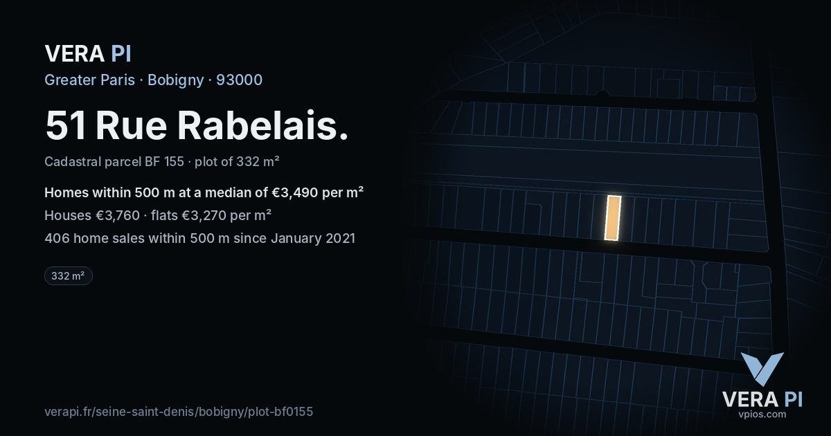 51 Rue Rabelais, Bobigny at night – the plot lit, the parcels around coloured by the prices near them