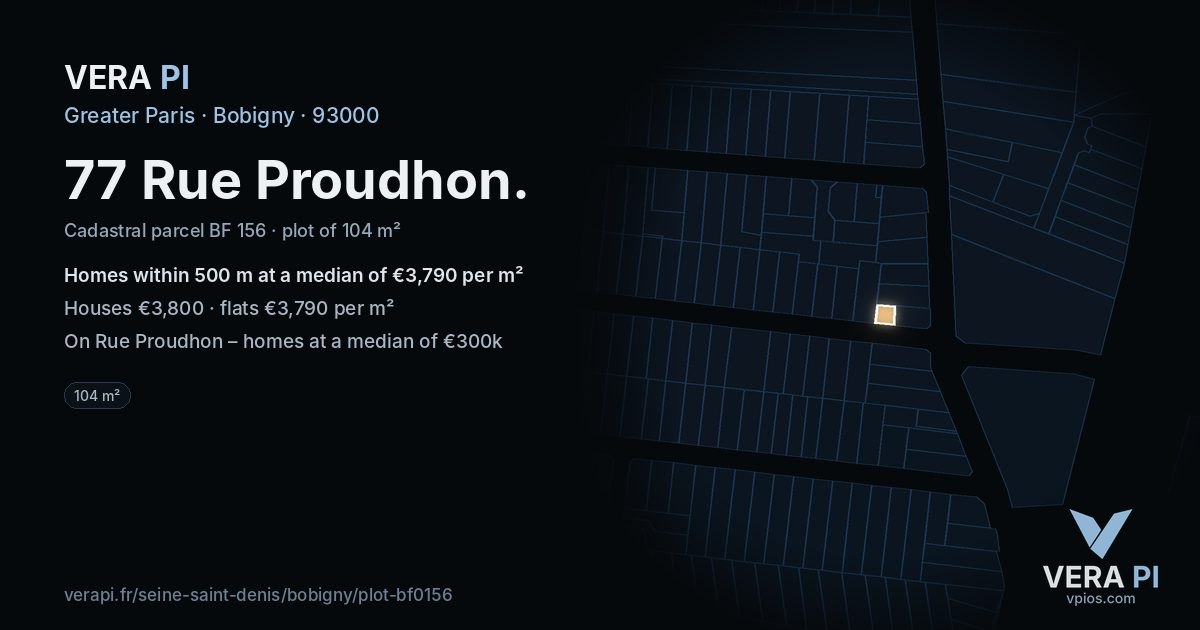 77 Rue Proudhon, Bobigny at night – the plot lit, the parcels around coloured by the prices near them