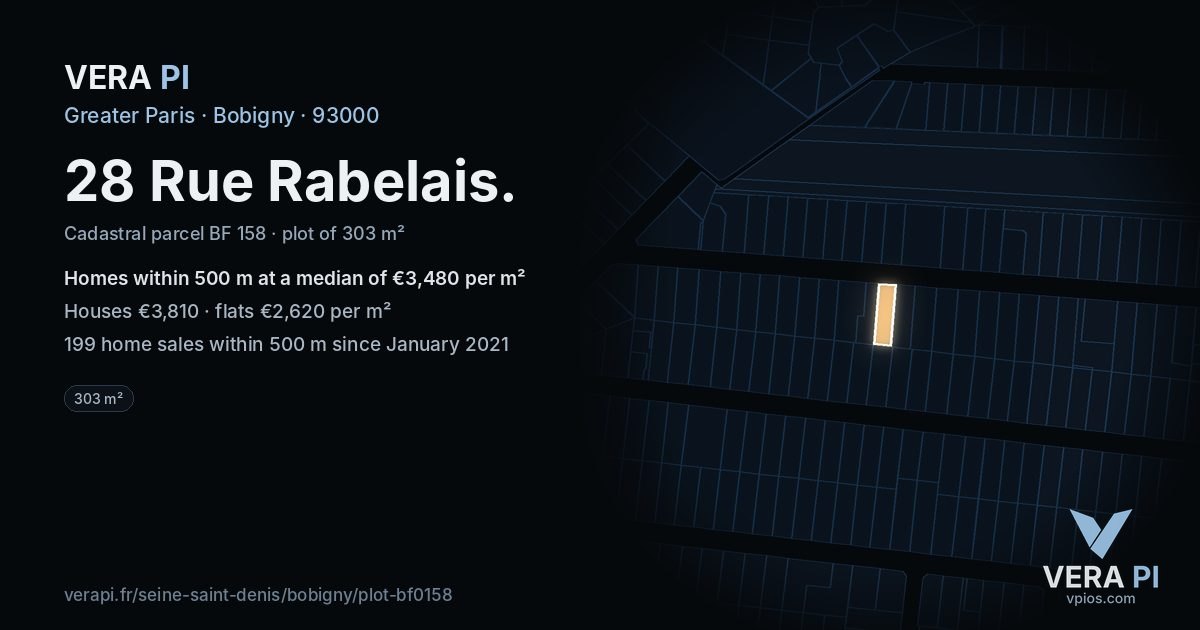 28 Rue Rabelais, Bobigny at night – the plot lit, the parcels around coloured by the prices near them