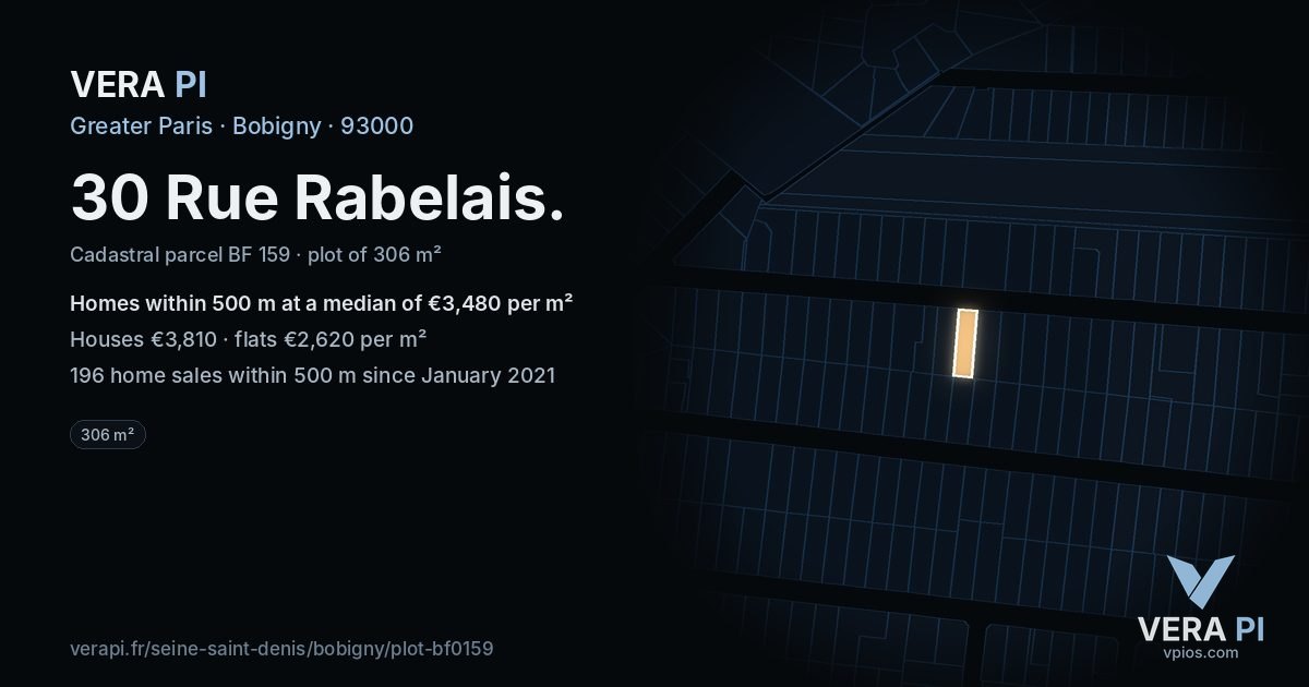 30 Rue Rabelais, Bobigny at night – the plot lit, the parcels around coloured by the prices near them