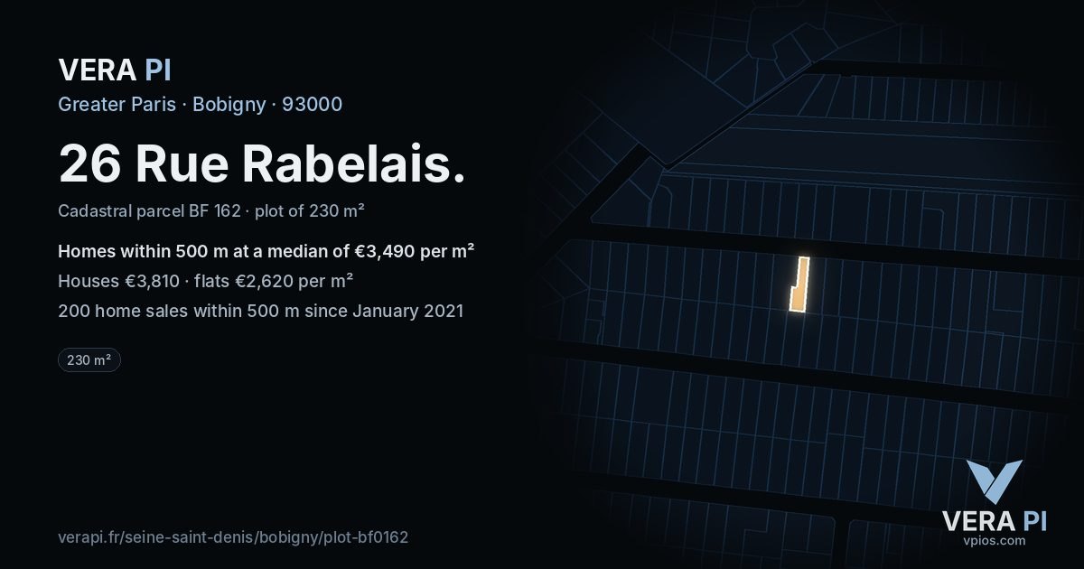 26 Rue Rabelais, Bobigny at night – the plot lit, the parcels around coloured by the prices near them