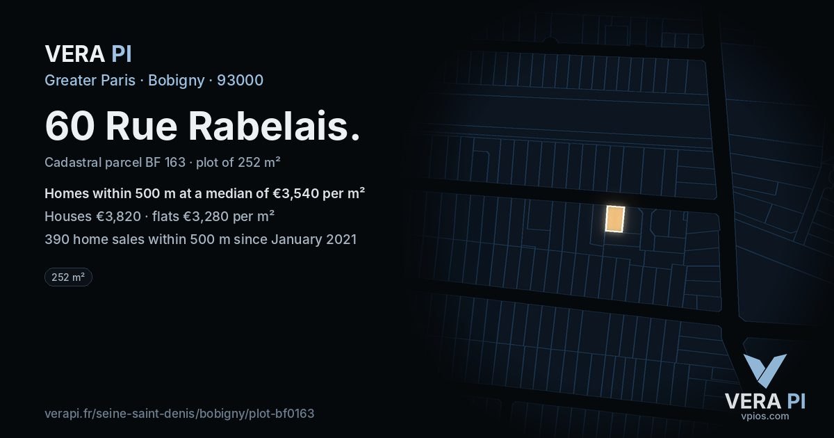60 Rue Rabelais, Bobigny at night – the plot lit, the parcels around coloured by the prices near them