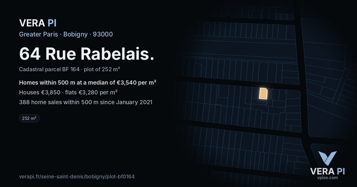 64 Rue Rabelais, Bobigny at night – the plot lit, the parcels around coloured by the prices near them