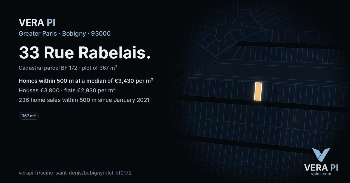 33 Rue Rabelais, Bobigny at night – the plot lit, the parcels around coloured by the prices near them