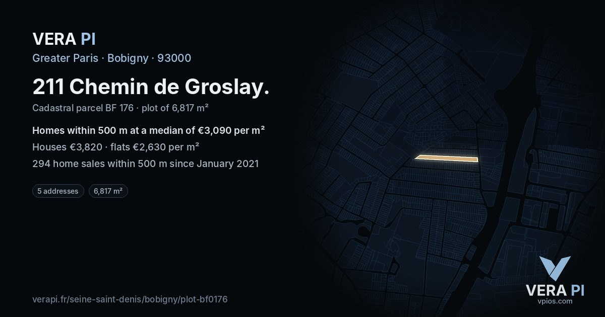 211 Chemin de Groslay, Bobigny at night – the plot lit, the parcels around coloured by the prices near them