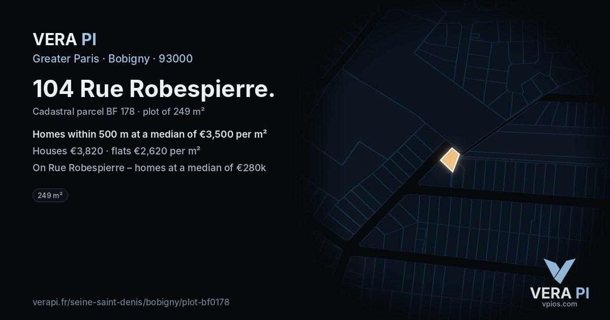 104 Rue Robespierre, Bobigny at night – the plot lit, the parcels around coloured by the prices near them