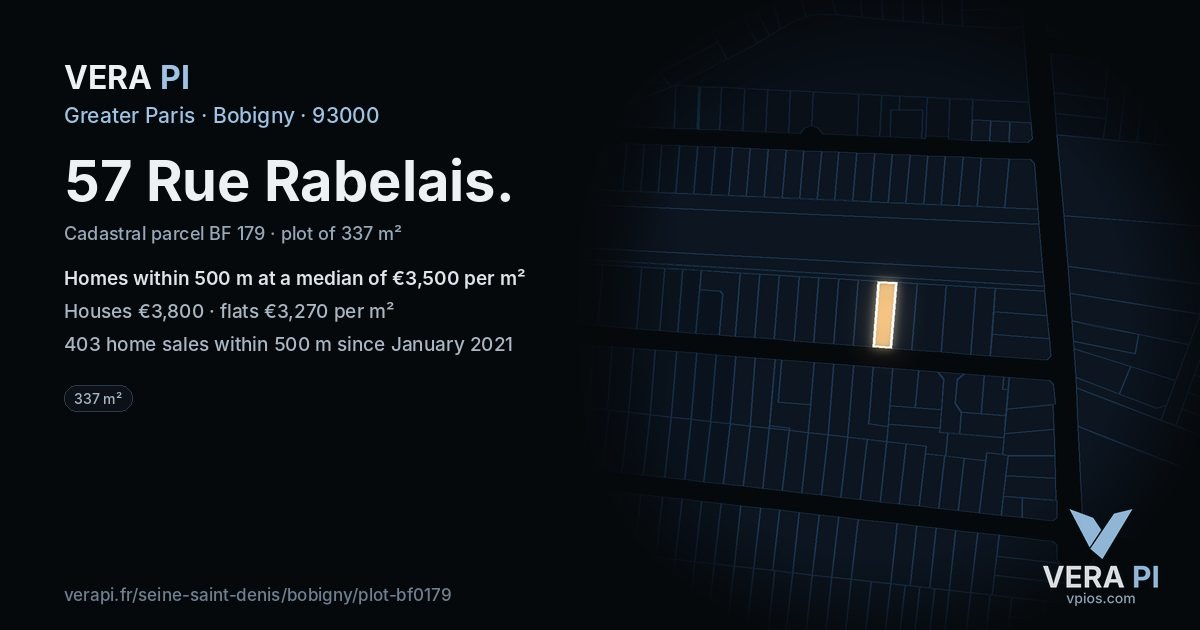 57 Rue Rabelais, Bobigny at night – the plot lit, the parcels around coloured by the prices near them