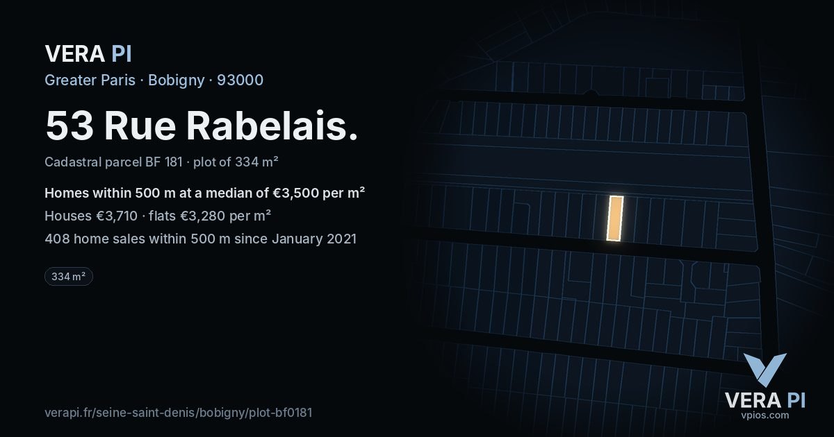 53 Rue Rabelais, Bobigny at night – the plot lit, the parcels around coloured by the prices near them