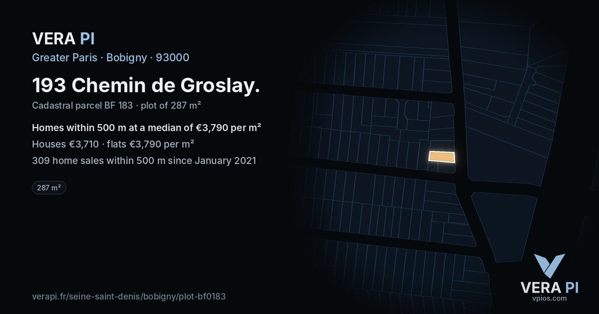 193 Chemin de Groslay, Bobigny at night – the plot lit, the parcels around coloured by the prices near them