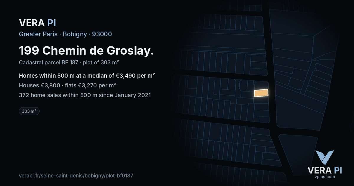 199 Chemin de Groslay, Bobigny at night – the plot lit, the parcels around coloured by the prices near them