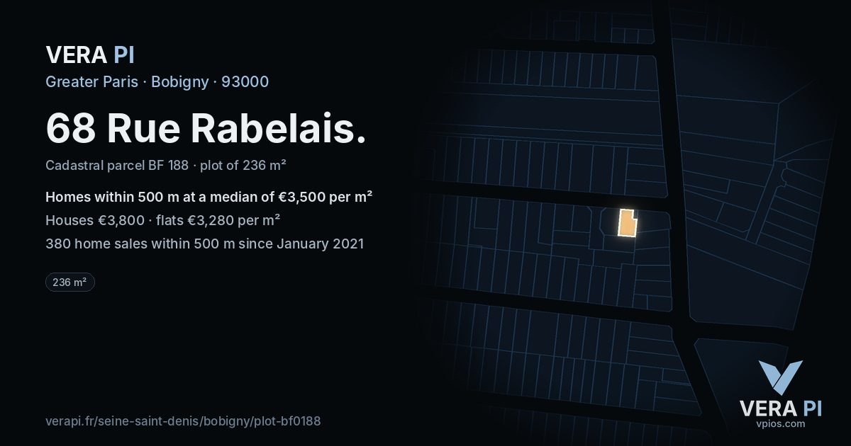68 Rue Rabelais, Bobigny at night – the plot lit, the parcels around coloured by the prices near them