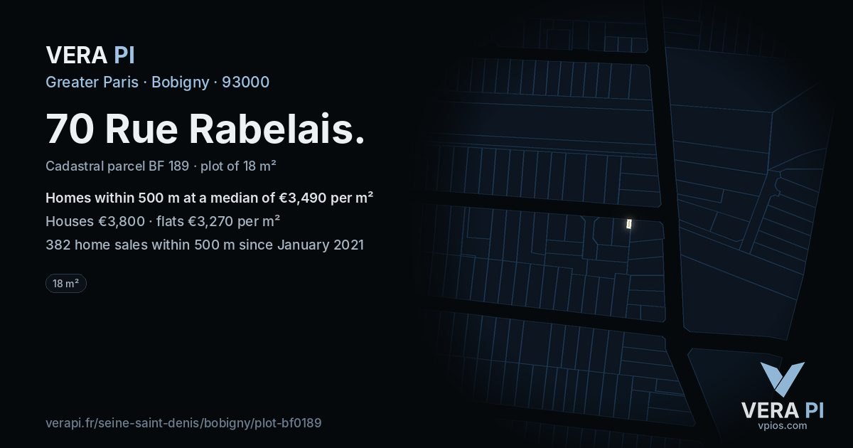 70 Rue Rabelais, Bobigny at night – the plot lit, the parcels around coloured by the prices near them