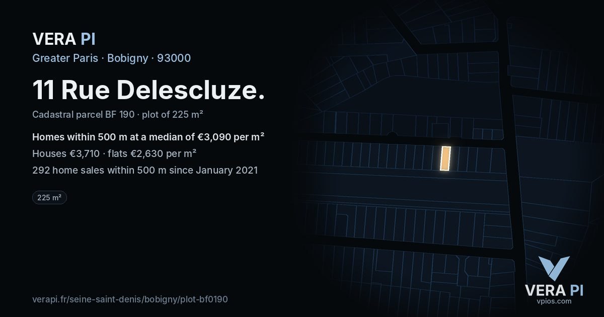 11 Rue Delescluze, Bobigny at night – the plot lit, the parcels around coloured by the prices near them