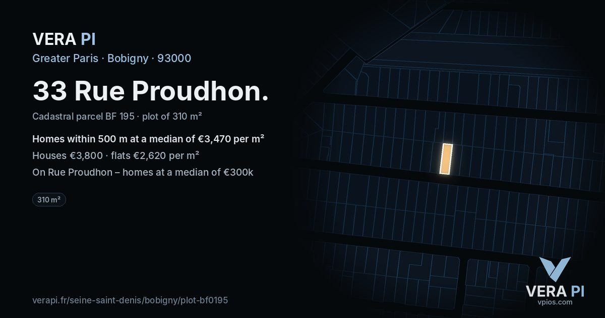 33 Rue Proudhon, Bobigny at night – the plot lit, the parcels around coloured by the prices near them
